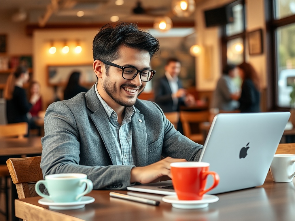 Bărbat îmbrăcat elegant, zâmbind și lucrând pe laptop într-o cafenea, cu două căni pe masă.