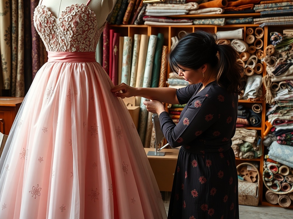 O femeie lucrează la o rochie de seară roz, înconjurată de materiale textile colorate într-un atelier de croitorie.