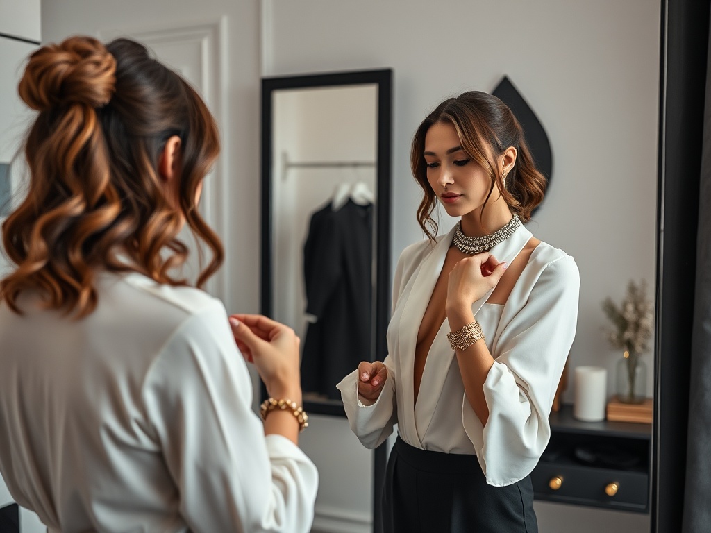 O femeie elegantă se pregătește într-o oglindă, purtând bijuterii strălucitoare și o bluză albă.