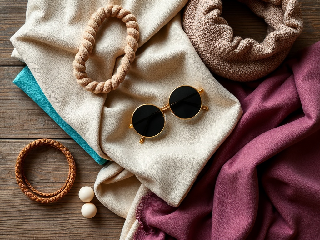 O selecție de accesorii: o pereche de ochelari de soare, brățări și diverse țesături colorate.