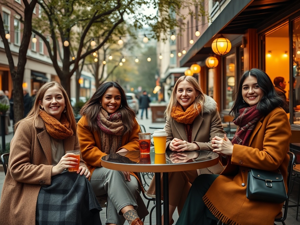 Patru femei zâmbitoare stând la o masă într-o cafenea, purtând paltoane și fulare, într-o atmosferă cozy.